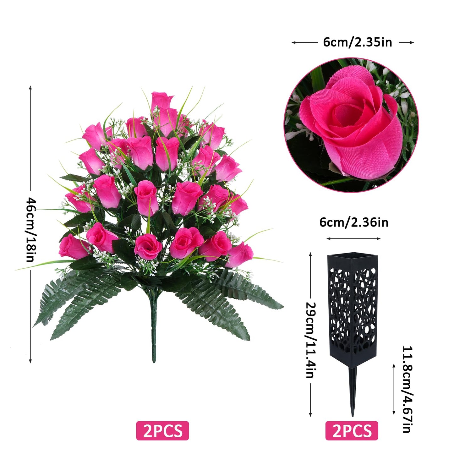 Lacinda Artificial Flowers for Cemetery, 2 Sets 48 Heads Artificial Rose Bouquet Grave Flowers for Cemetery Flower Arrangement with Vase Silk Memorial Spring Flowers for Headstone Decor Outdoor (Pink)