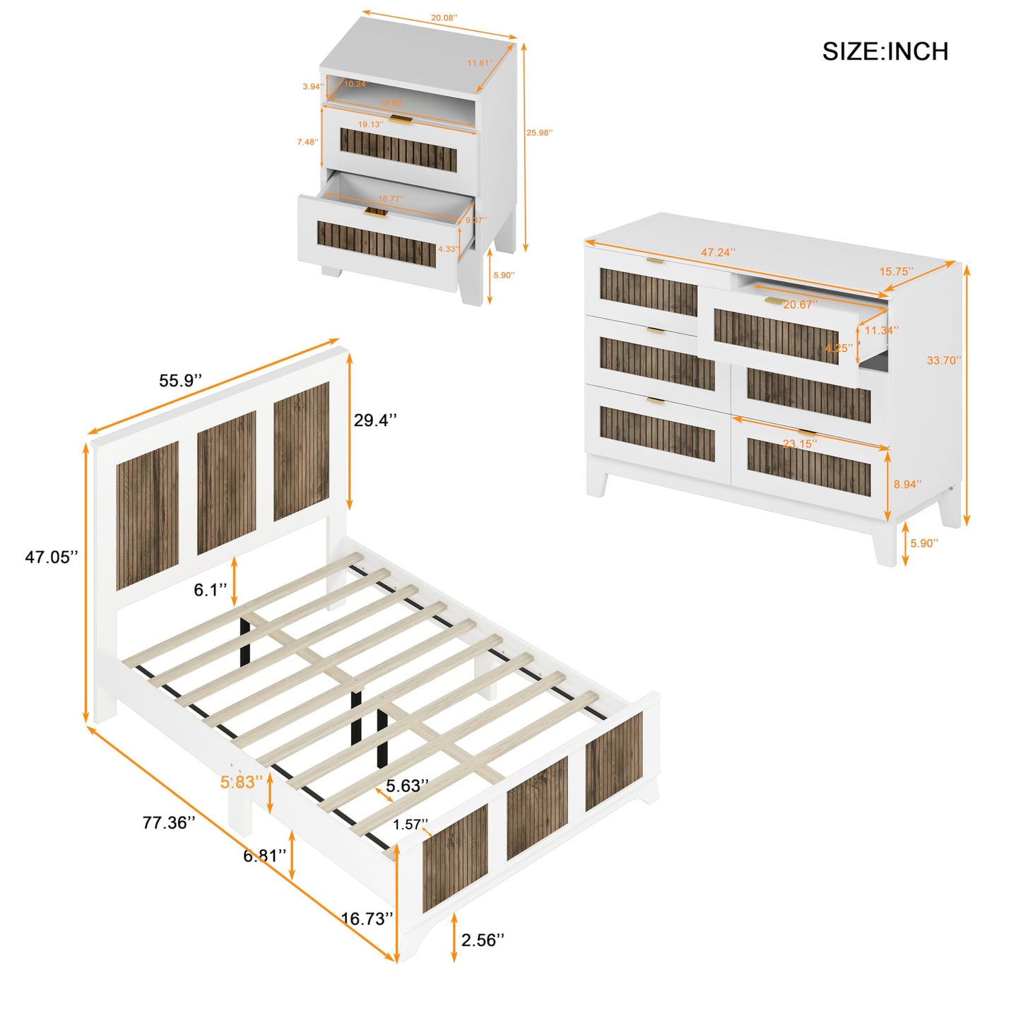 Harper & Bright Designs 4-Pieces Bedroom Sets, Full Size Platform Bed with 2 Nightstands and A 6-Drawer Dresser, Full Size Bedroom Set with Wooden Strip Decoration, White