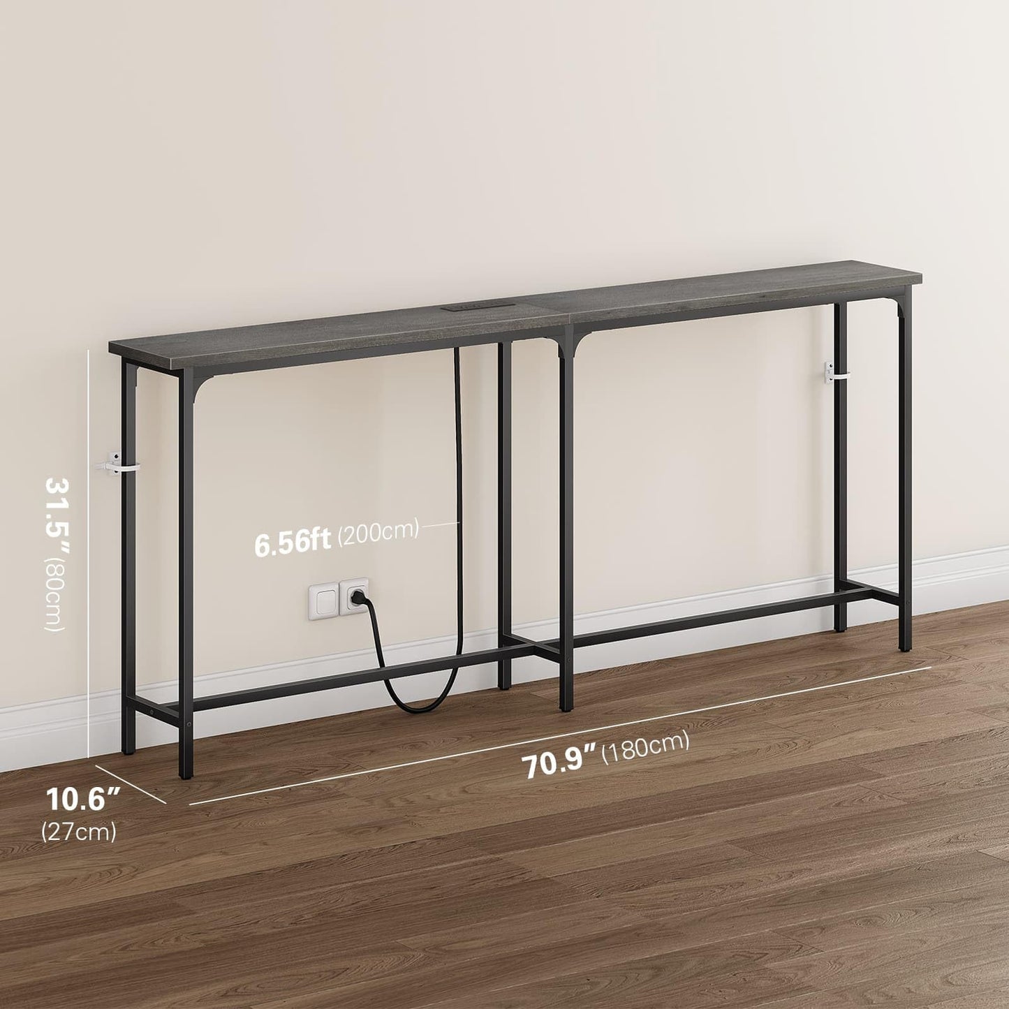 70 Inch Sofa Table with 2 Outlets and 1 Type C Port and 1 USB Port, Behind Couch Table 10.6” D x 70.9” L x 31.5” H, Extra-Long Console Table, Narrow Long Entryway Table - Grey