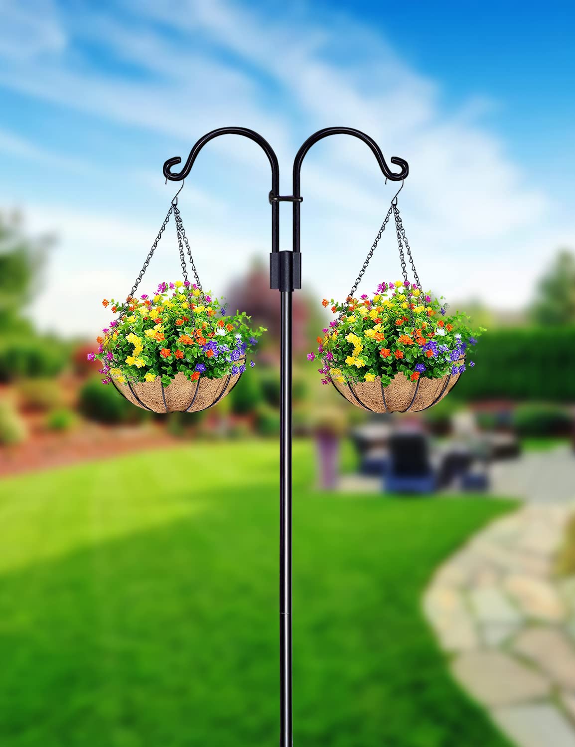 STAUKOK Double Shepherds Hooks for Outdoor, 2 Pack 76 Inch Bird Feeder Pole with 5 Prongs Base, Heavy Duty Garden Hook for Hanging Plant, Lantern, Hummingbird Feeder