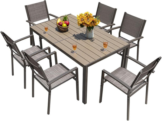 Homall Patio Dining Set 7 Pieces Outdoor Furniture Table and 6 Textilene Chairs, Light Grey