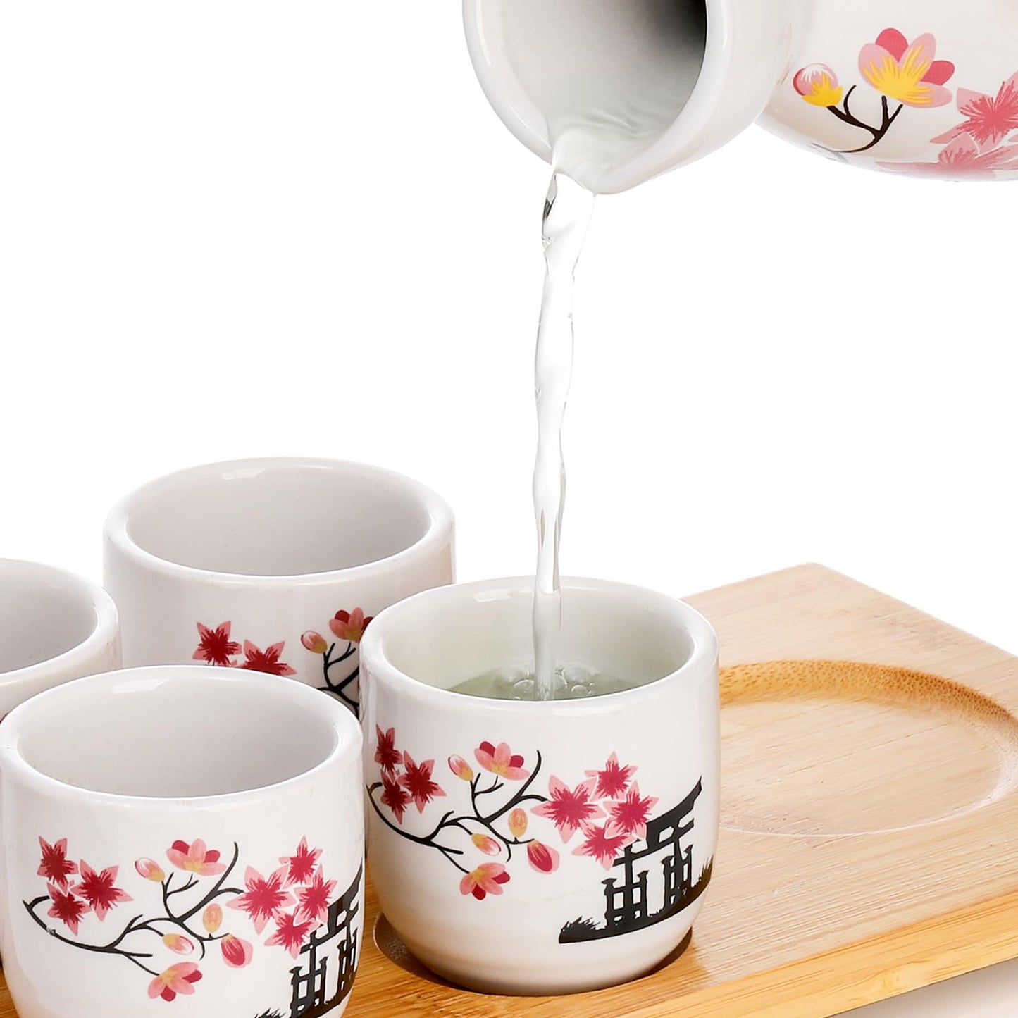 Tosnail Ceramic Japanese Sake Set, 1 Serving Carafe, 4 Sake Cups and 1 Bamboo Tray - Pink Blossom