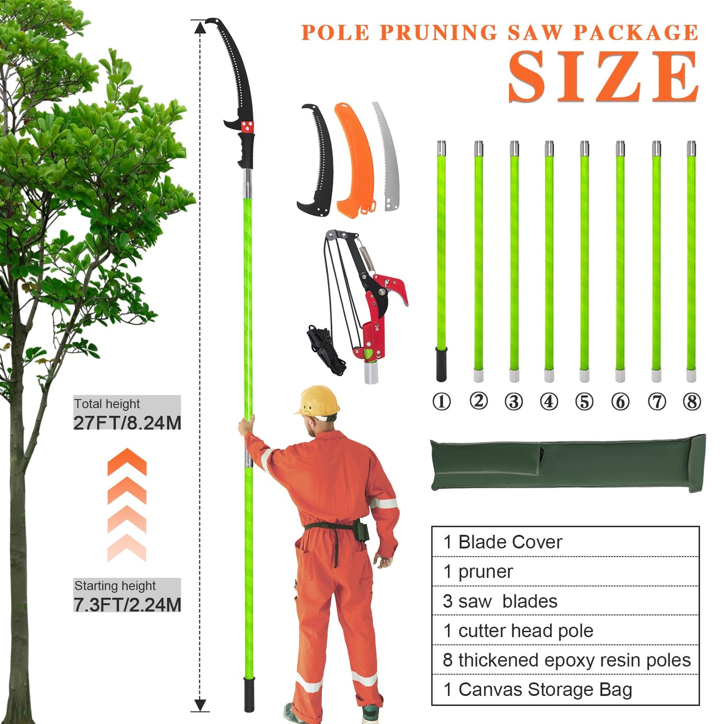 Tree Pruner Pole Saw for Tree Trimming, 7.3-27 Foot Manual Pole Saw Tree Pruner Extendable Tree Trimmer, Tree Pole Pruner for Pruning Palms And Shrubs