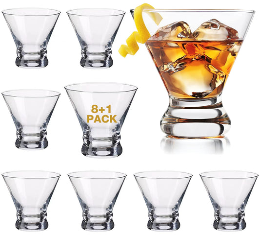 Mfacoy Martini Glasses Set of 9(Buy 8, get 1 Free), Crystal Cocktail Glasses 8 Ounces, Hand Blown Stemless Martini Glasses for Bar, Martini, Cosmopolitan, Manhattan, Gimlet, Pisco Sour Brandy