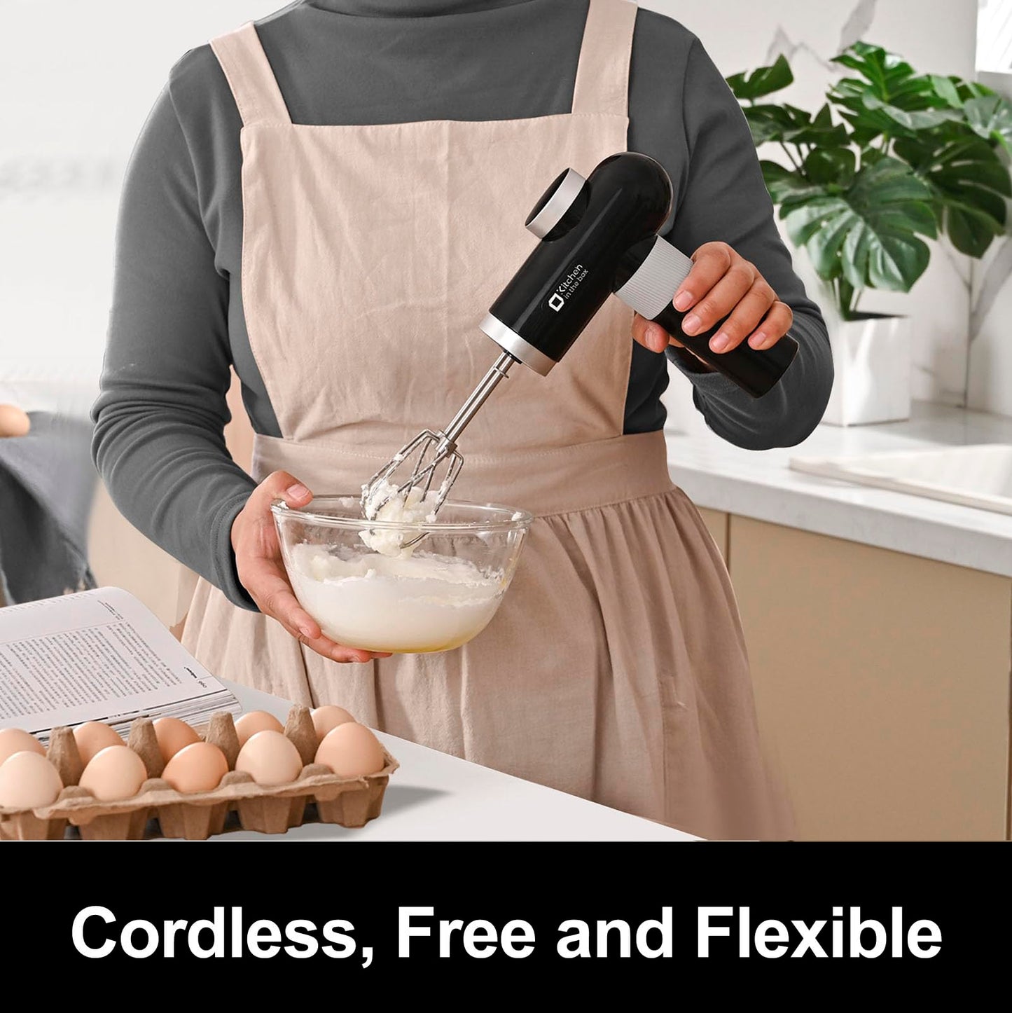 Kitchen in the box Cordless Hand Mixer, 6 Speed Dial Control Portable Electric Handheld Mixer with Beaters, Whisks, Charging Base and USB-C Charge Cable, Digital Display (Classic Black)