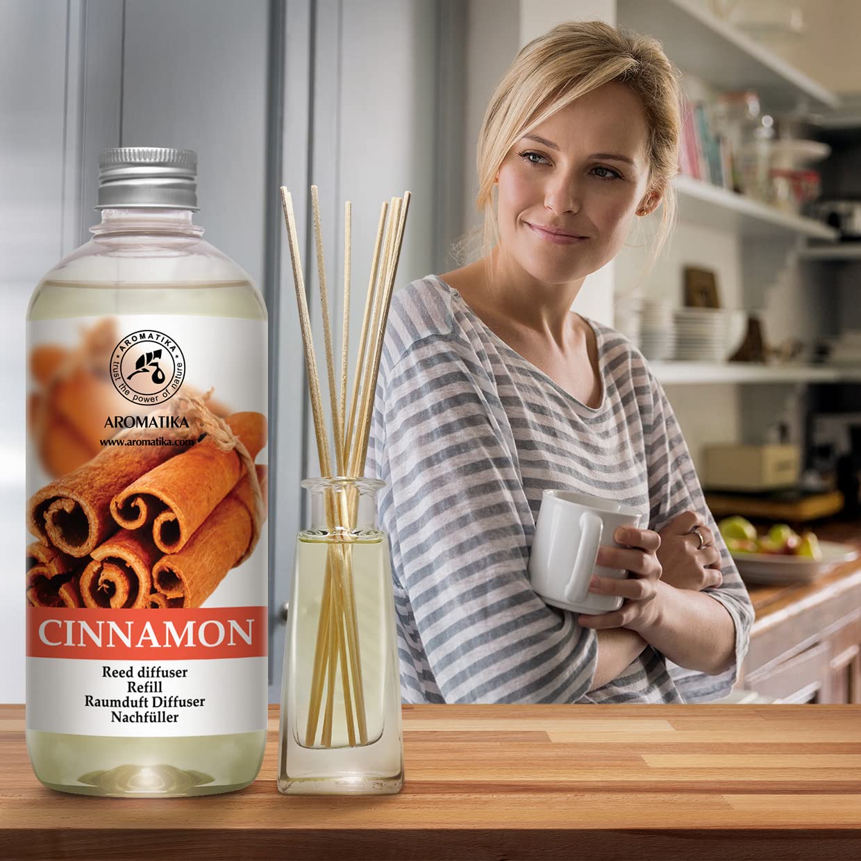 Cinnamon Reed Diffuser Refill with Natural Essential Cinnamon Oil 17 oz - Fresh & Long Lasting Fragrance - Best for Aromatherapy - Home - Office - Fitness Club - Restaurant - Boutique