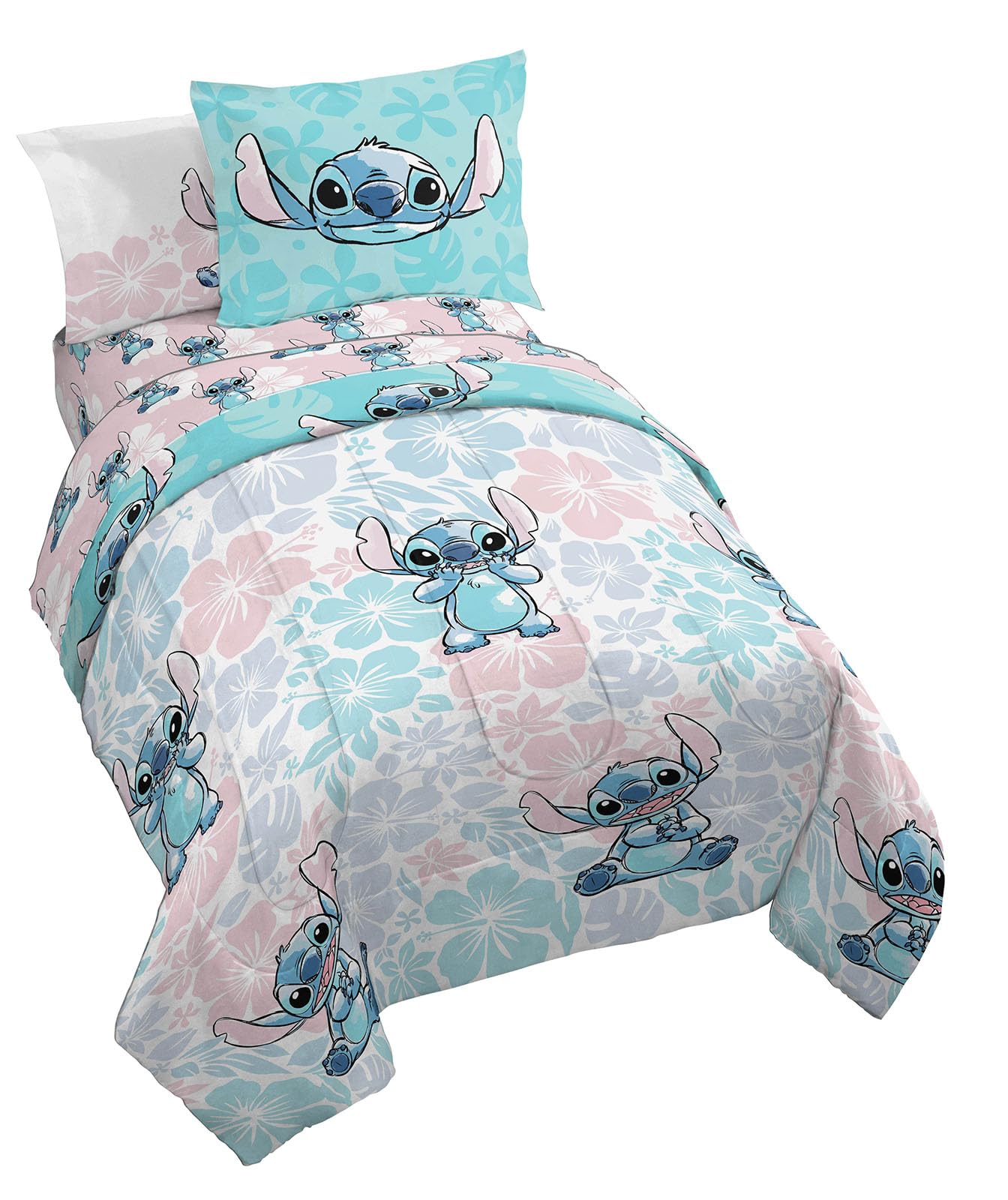 Jay Franco Disney Lilo & Stitch Twin Comforter Set - 5 Piece Bedding Includes Sheet Set & Pillow Covers - Super Soft Kids Floral Bedding