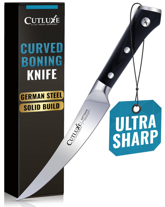 Cutluxe Curved Boning Knife – 6" Boning Knife for Meat Cutting, Fillet Knife – High Carbon German Steel, Full Tang & Ergonomic Handle Design – Artisan Series