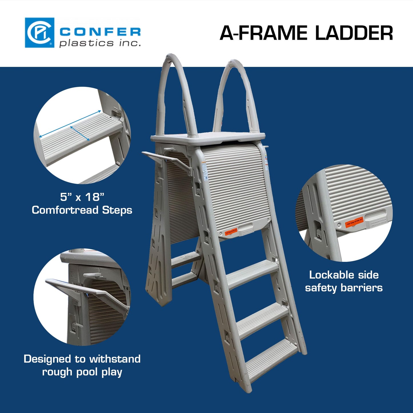 Confer Plastics 7200 Roll Guard 48" to 56" Adjustable A Frame Safety Ladder for Above Ground Outdoor Patio Swimming Pool Platform Ladder with Step Barrier, Warm Grey…