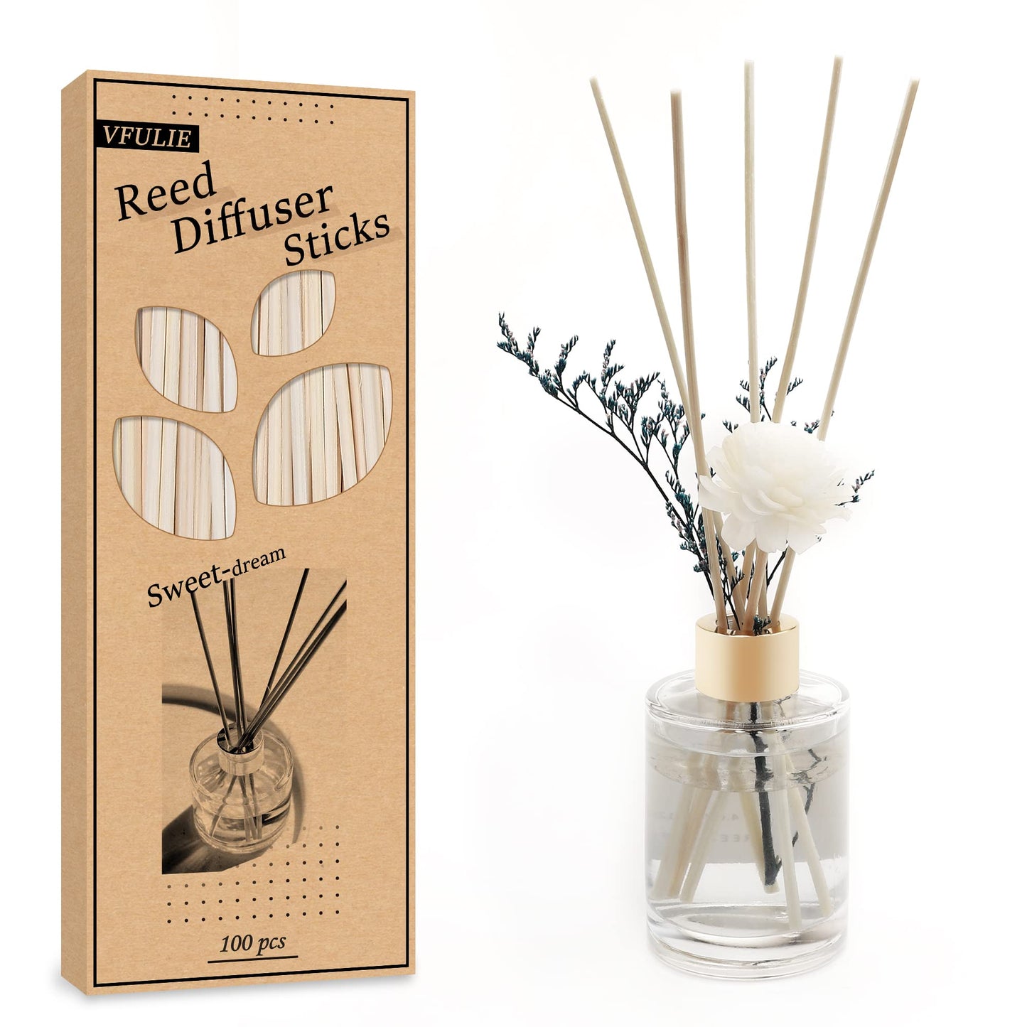 VFULIE 100PCS Reed Diffuser Sticks, 10 Inch Natural Rattan Wood Sticks Essential Oil Aroma Diffuser Sticks Refill Replacement for Aroma Fragrance (Primary Color)