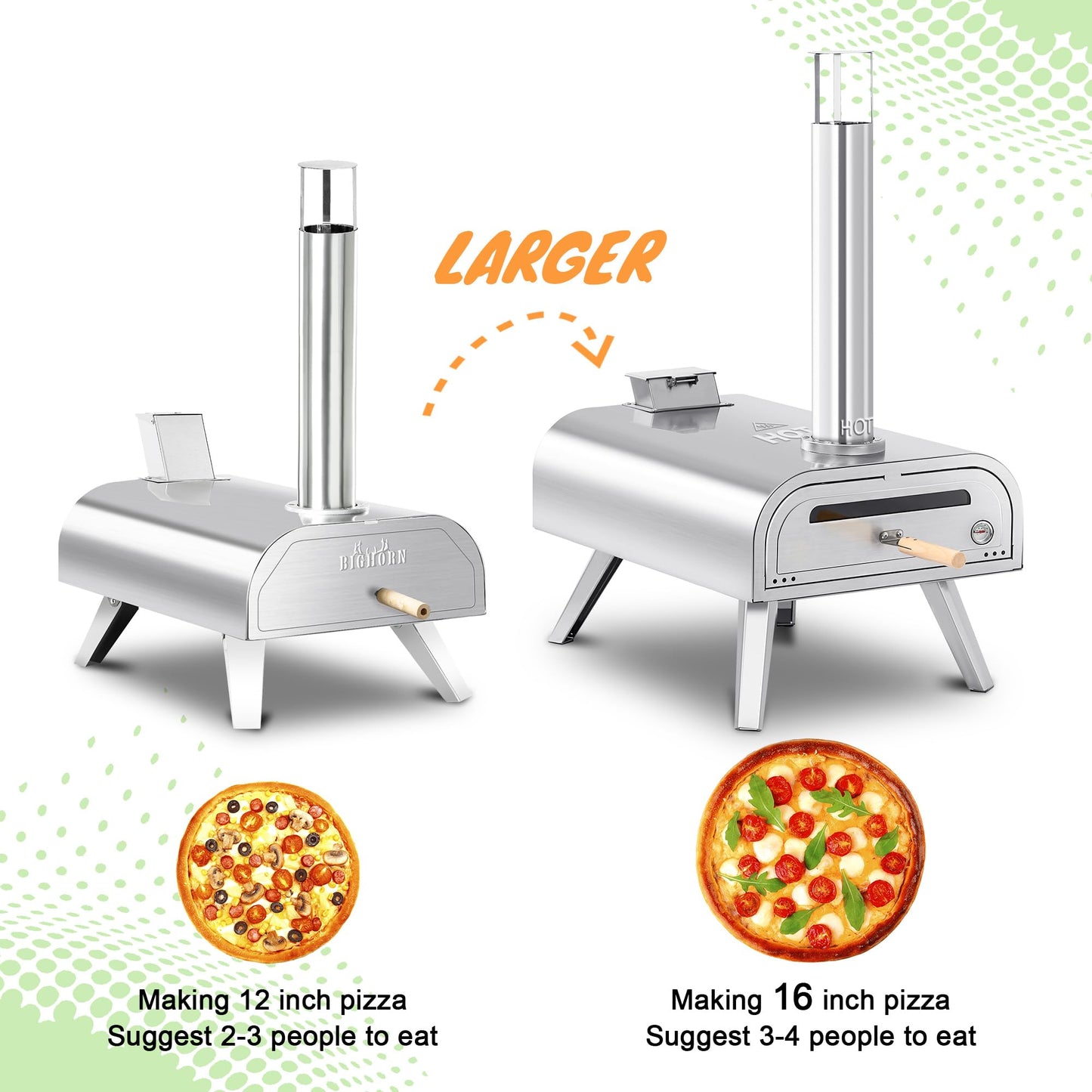 BIG HORN OUTDOORS 16 Inch Wood Pellet Burning Pizza Oven Pellet Pizza Stove, Portable Stainless Steel Pizza Oven with Pizza Stone for Outdoor Backyard Pizza Maker Garden Kitchen