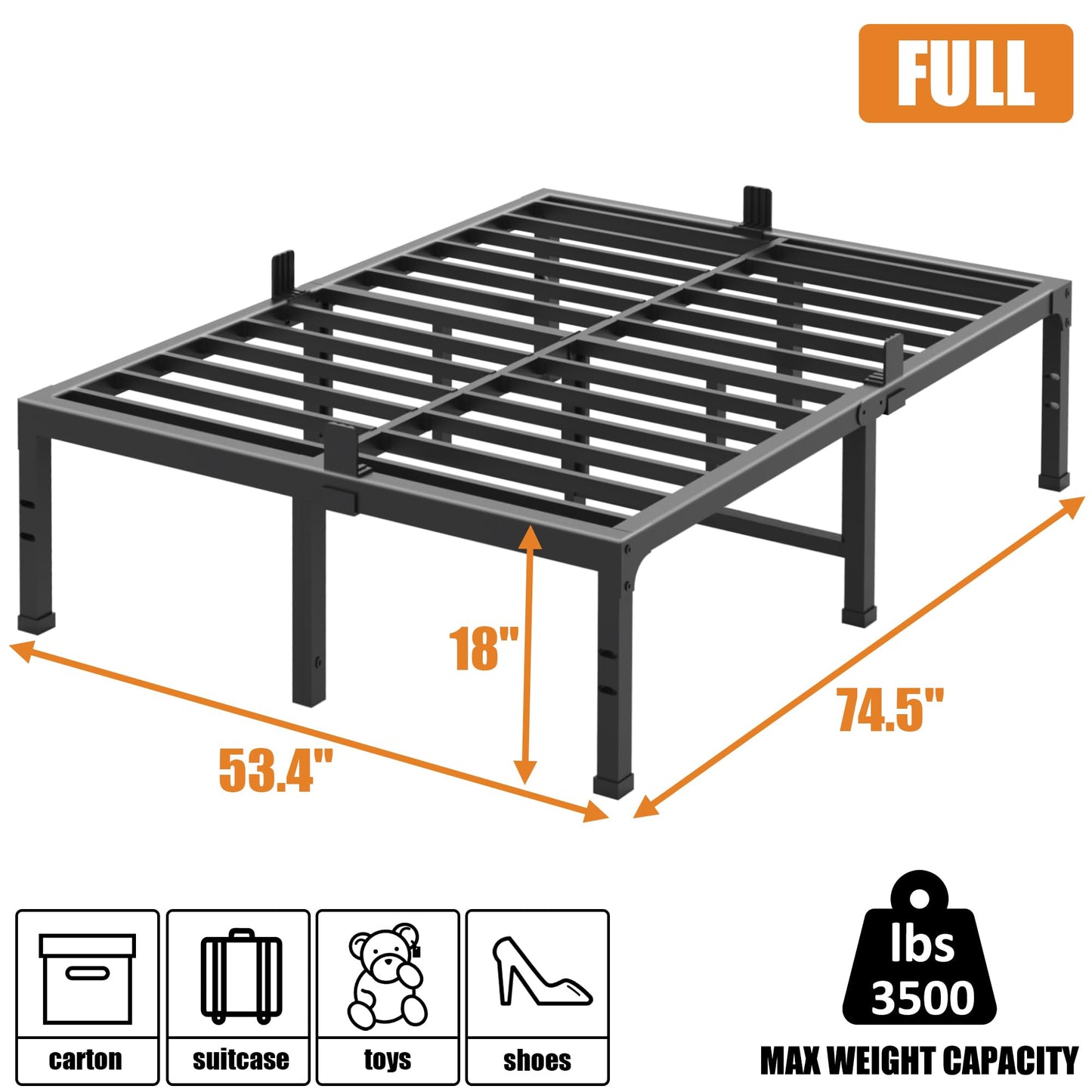 FUIOBYVV Full Size Bed Frame 18 inch Heavy Duty Metal Platform Bed Frame Full Support Up to 3500 lbs,No Box Spring Needed/No Shaking/Steel Slat Support/Noise Free/Easy Assembly