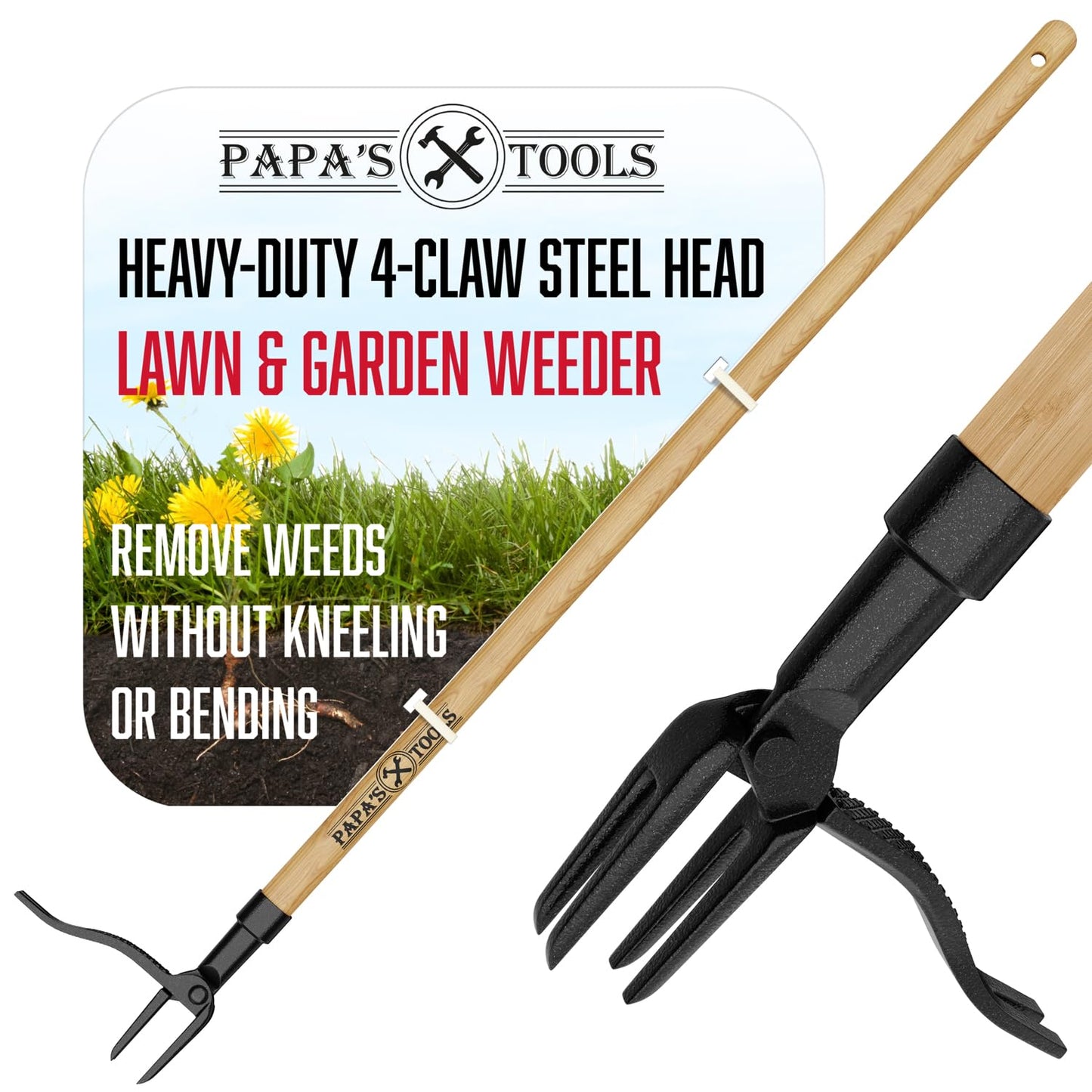 Papa's Tools Weeder - Stand Up Weed Puller Tool Made with Long Wooden Handle - Real Bamboo & 4-Claw Steel Head - Easily Remove Weeds Effortlessly Without The Need to Tug, Bend, Or Flex,