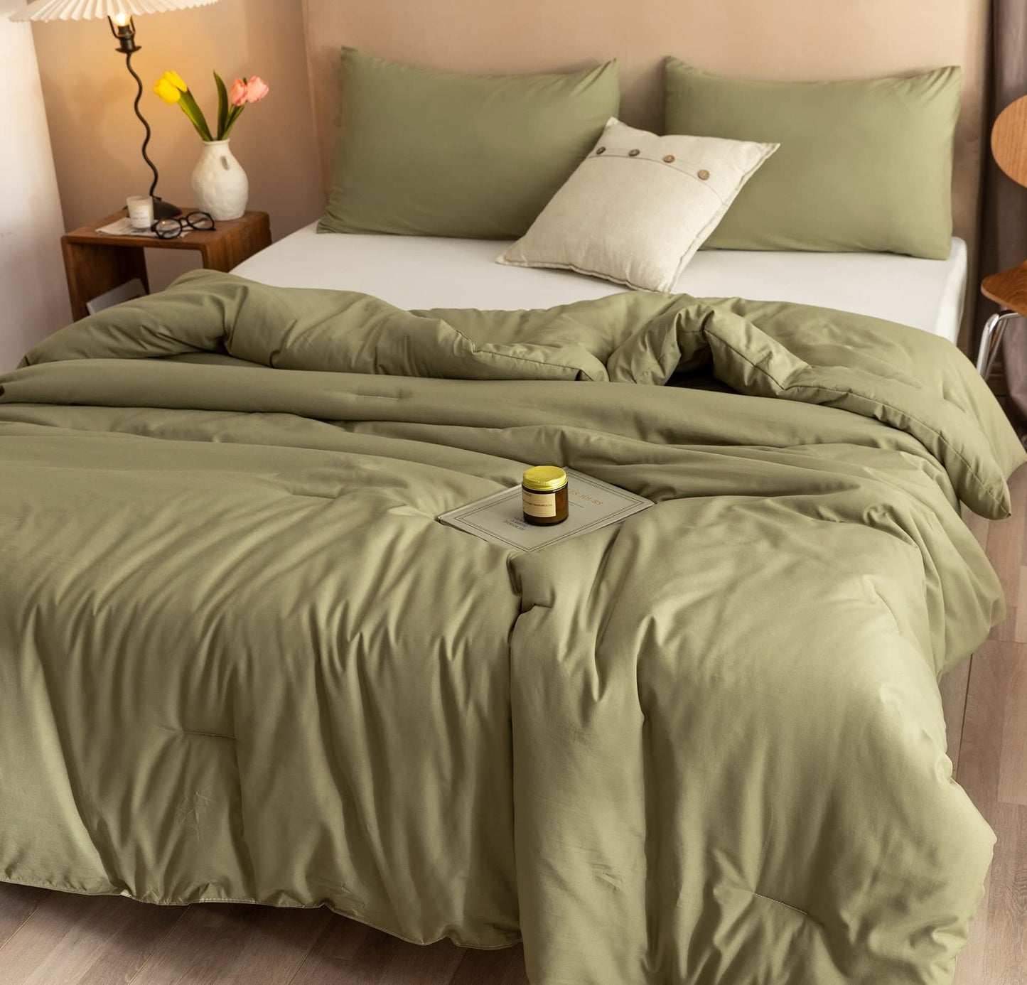 ROSGONIA California King Comforter Set Olive Green, 3pcs (1 Boho Olive Cal King Comforter & 2 Pillowcases), All Season Bedding Blanket Quilts