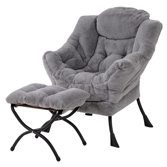 Welnow Lazy Chair with Ottoman, Modern Lounge Accent Chair with Armrests and a Side Pocket, Leisure Sofa Chair Set, Reading Chair with Footrest for Small Space, Corner Chair, Plush Grey