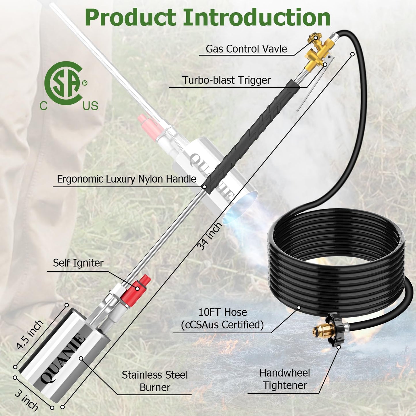 Propane Torch Weed Burner Kit,High Output 2,400,000 BTU with Self Igniter and Turbo-Blast Trigger,Heavy Duty Blow Torch with 10FT Hose,Flamethrower for Weeding,Roofing,Melting Snow,Road Paint Removing