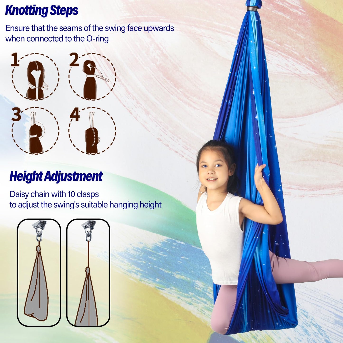 Sensory Swing for Kids & Adults Holds up to 300lbs Indoor & Outdoor Double Layer Therapy Cuddle Swing with 360° Swivel Hanger Kit for Calming, Effect for Autism, ADHD or SPD. (Star Blue)