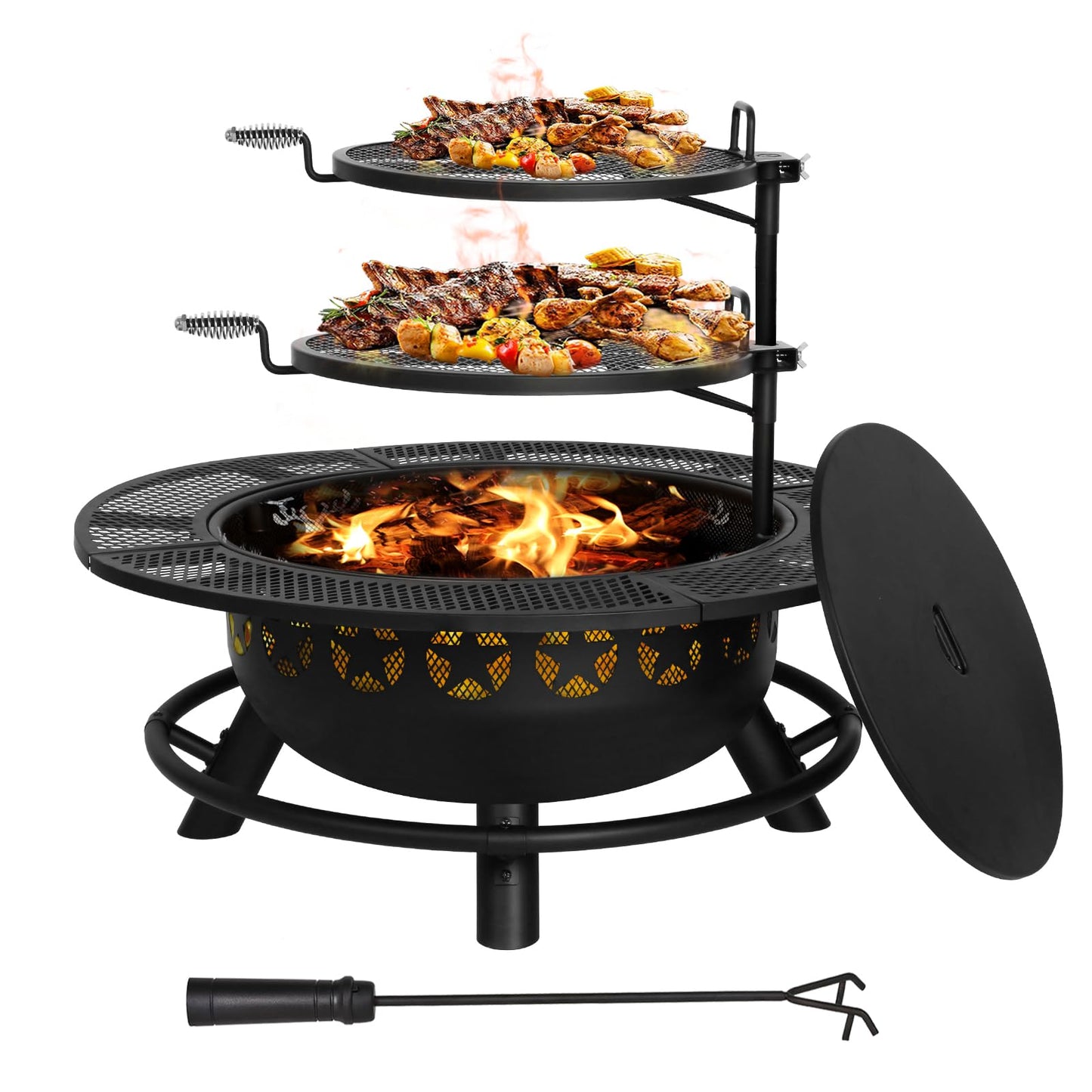 Hykolity 35 Inch Fire Pit with Cooking Grate & Charcoal Pan, Outdoor Wood Burning BBQ Grill Firepit Bowl with Cover Lid, Steel Round Table for Backyard Bonfire Patio Picnic