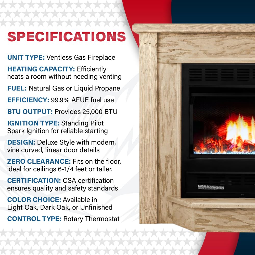 Buck Stove Unfinished 1127 Deluxe | 25,000 BTU Heating | Vent-Free Natural Gas Fireplace | Blower and Prestige Vine Carved Mantel