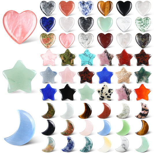 Nuenen 54 Pcs Worry Stones Bulk Heart Moon Star Natural Crystal Stones Tiny Crystals Gemstones Assorted Thumb Quartz Crystal Stones for Graduation Teacher Gift Meditation Balancing DIY(Vivid Color)