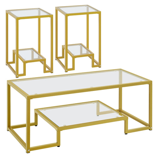Yaheetech 3 Pieces Living Room Table Sets, Tempered Glass Coffee Table and 2Pcs Glass End Tables with Sturdy Metal Frame, Mustard Gold