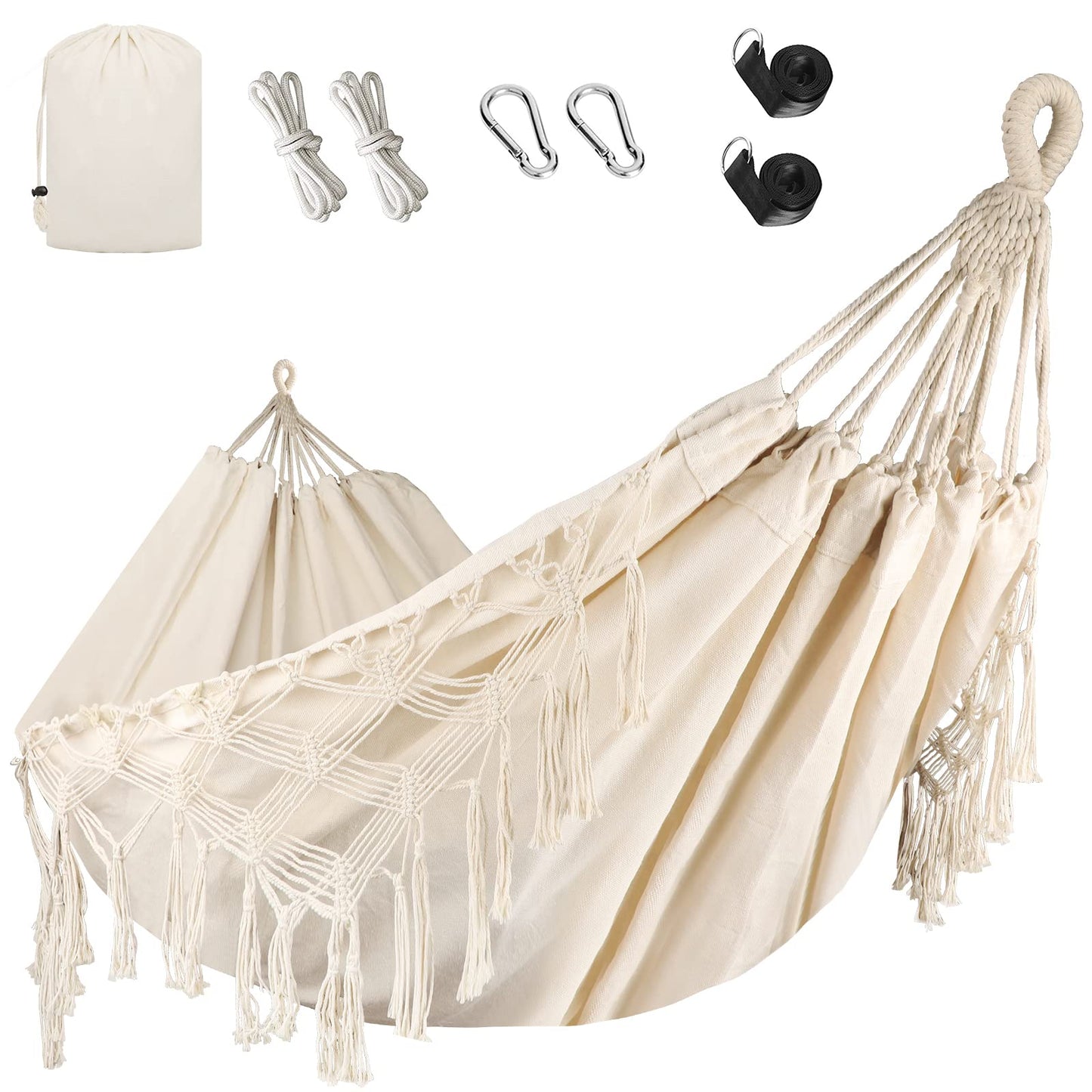 Bellzacasa Double Hammock, Heavy Duty 500 lb Load Capacity Tassels and Fishtail Knitting with Mounting Straps for Outdoor Camping Patio Balcony Beige