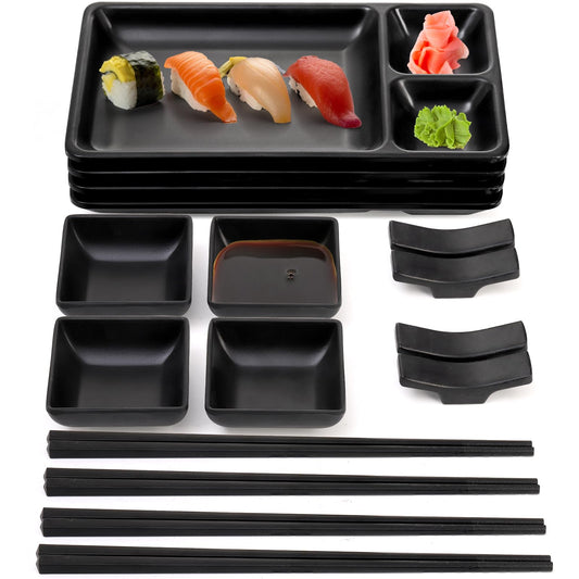 Pumtus 16 Piece Japanese Sushi Plate Set, Melamine Sushi Serving Set, Sushi Dinnerware Set - Includes 4 Sushi Serving Plates, 4 Sauce Dishes, 4 Pairs of Chopsticks, 4 Chopstick Holders (Black)