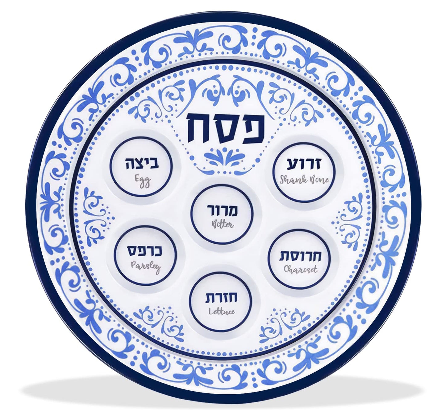 Passover Seder Plates 12" Melamine - 6 Section Plate Marked with Symbolic Pesach Seder Foods - Round Seder Tray for Adults, Children by Zion Judaica - Blue Floral Renaissance Single Passover Plate