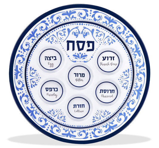 Passover Seder Plates 12" Melamine - 6 Section Plate Marked with Symbolic Pesach Seder Foods - Round Seder Tray for Adults, Children by Zion Judaica - Blue Floral Renaissance Single Passover Plate