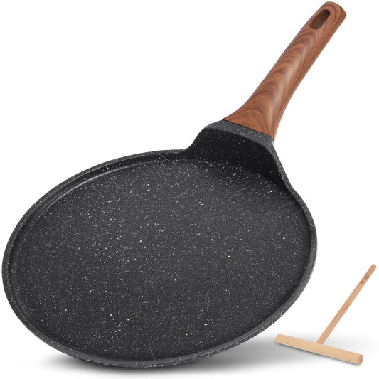 ESLITE LIFE Nonstick Crepe Pan with Spreader, 11 Inch Granite Coating Flat Skillet Tawa Dosa Tortilla Pan, Compatible with All Stovetops (Gas, Electric & Induction), PFOA Free, Black
