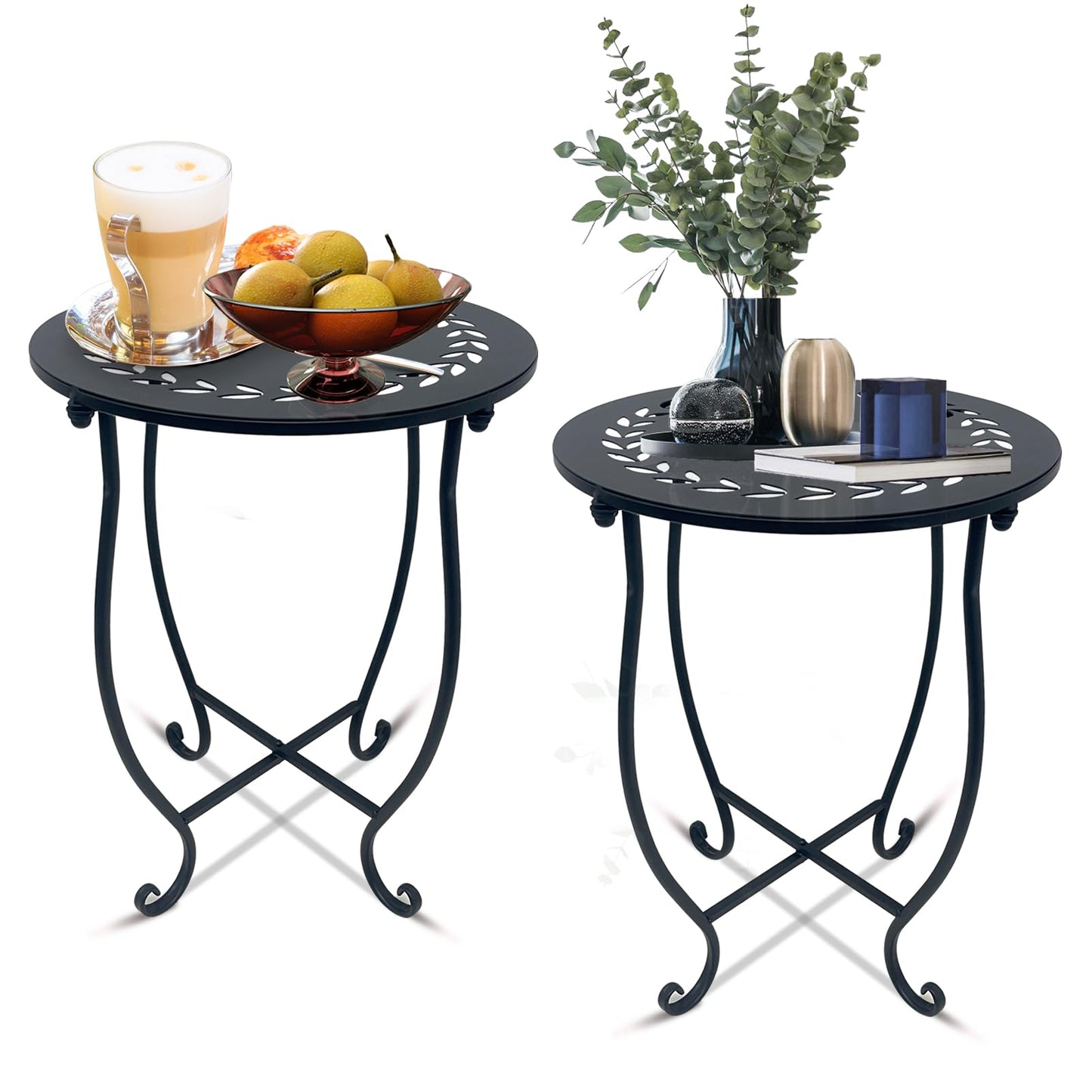 Round Side Table, 2 Pack 14 Inch Bedside Table for Living Room, Bedroom, Weather Resistant Black Metal Outdoor Side Table for Patio Balcony Yard Porch Garden, Plant Stand for Indoor Outdoor Use