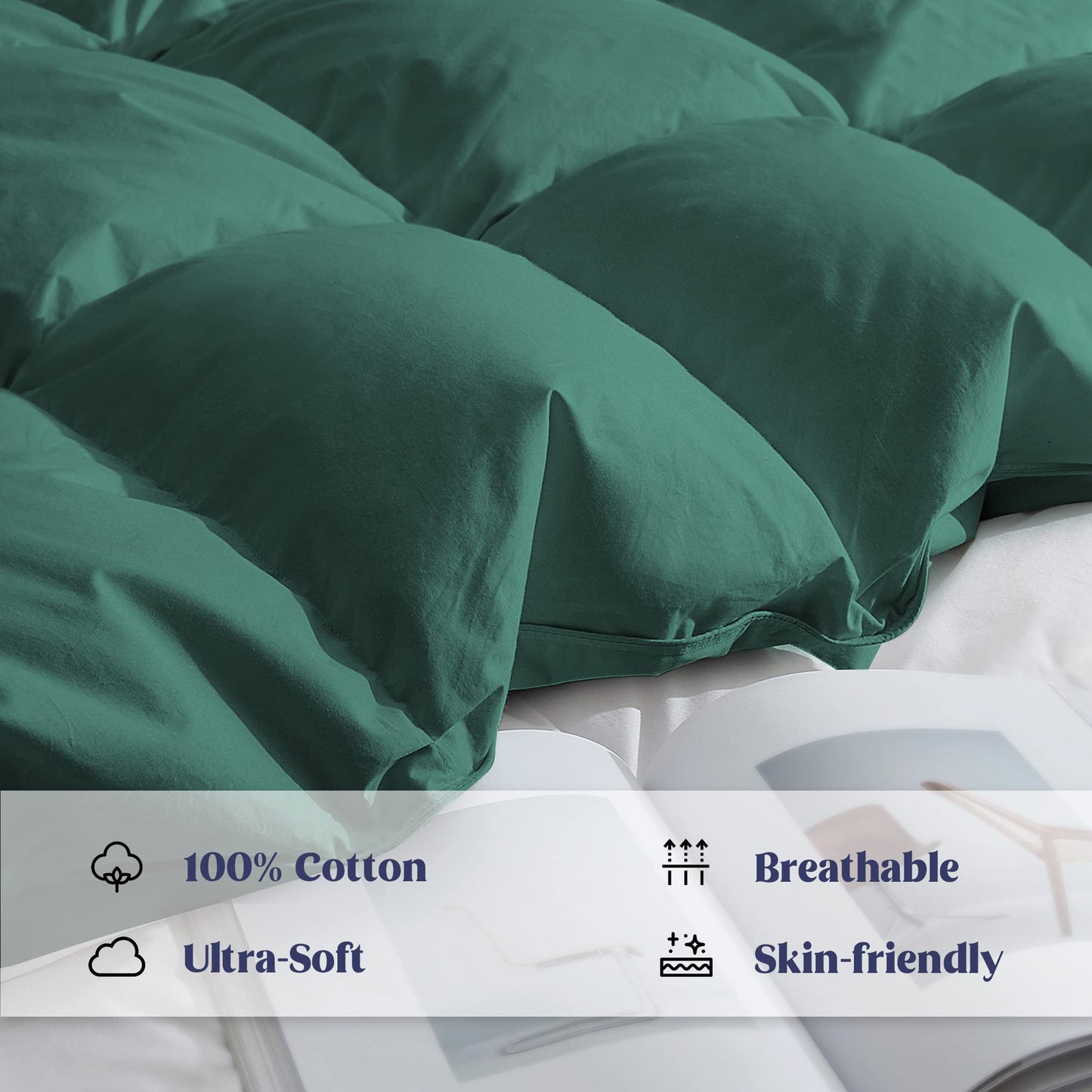 puredown® Goose Feather Comforter Full Size, Pinch Pleat All Season Medium Warmth Duvet Insert, Luxury Hotel Collection Comforters, Ultra Soft 100% Cotton Cover (90''x90'',Green)