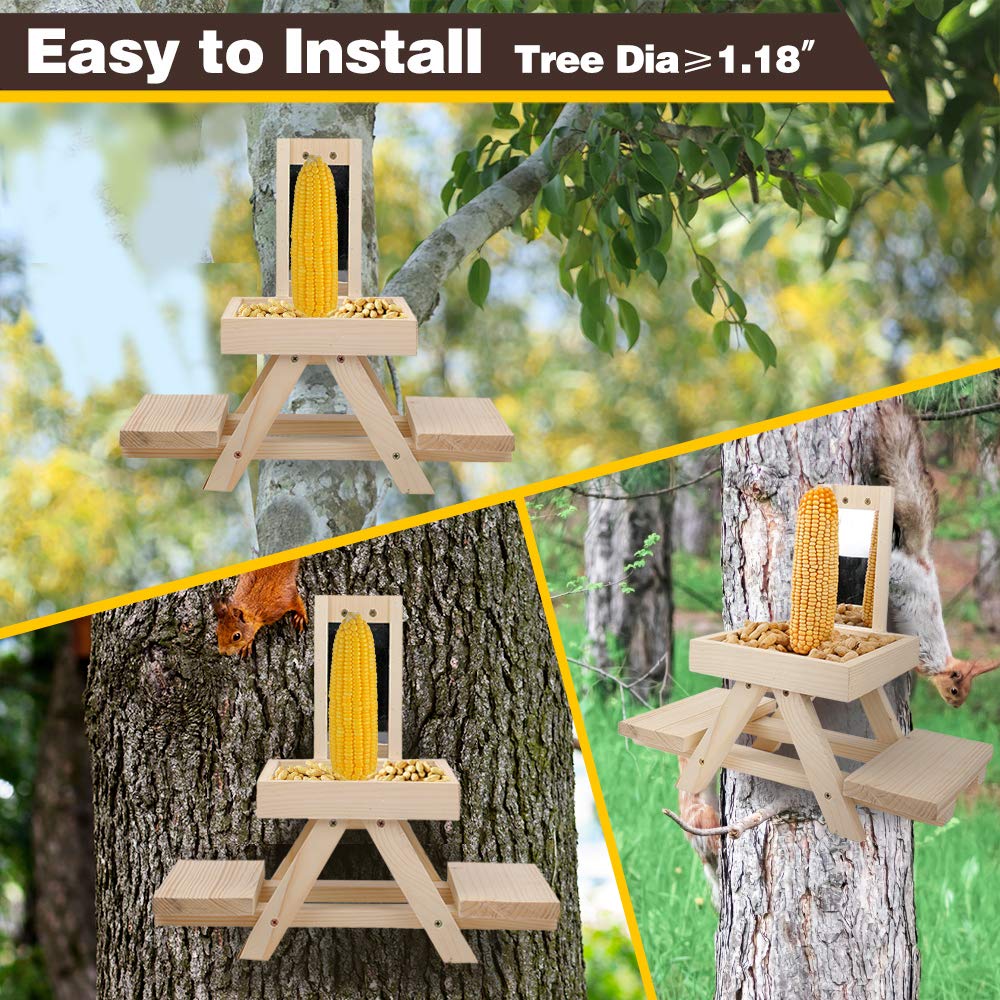 Solution4Patio Expert in Garden Creation Adorable Squirrel Feeder Picnic Table Shaped with Mirror, Corn Cob Holder and Snack Mesh Tray, for Fruit, Nuts, Peanut Butter Treats, Eay to Install