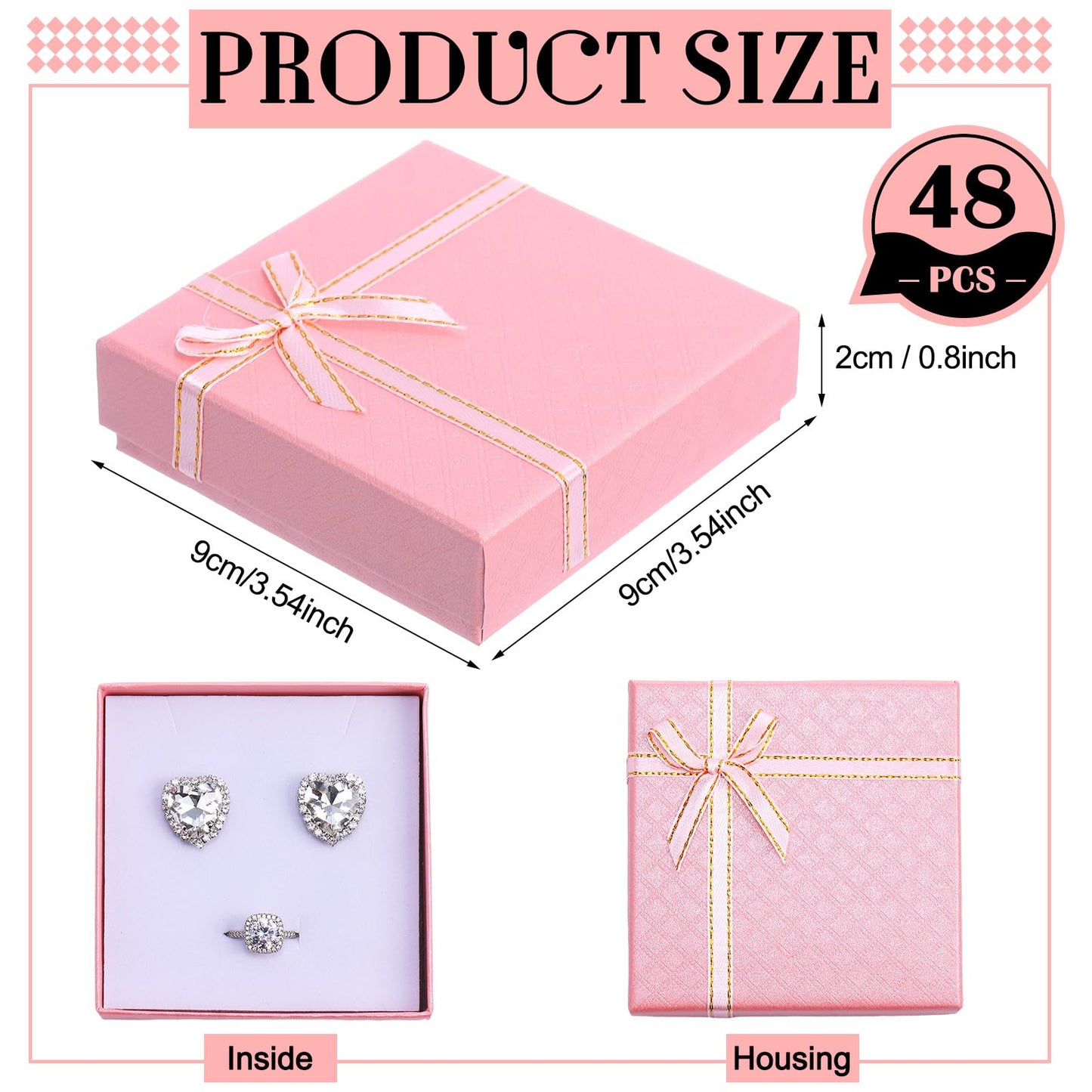 Yeaqee 48 Pcs Cardboard Jewelry Gift Boxes with Lids and Bows Small Gifts Box Set Necklace Box for Rings Bracelets Earrings Valentine's Day Weddings Anniversaries, 4 Colors, 3.5 x 3.5 x 1 Inch