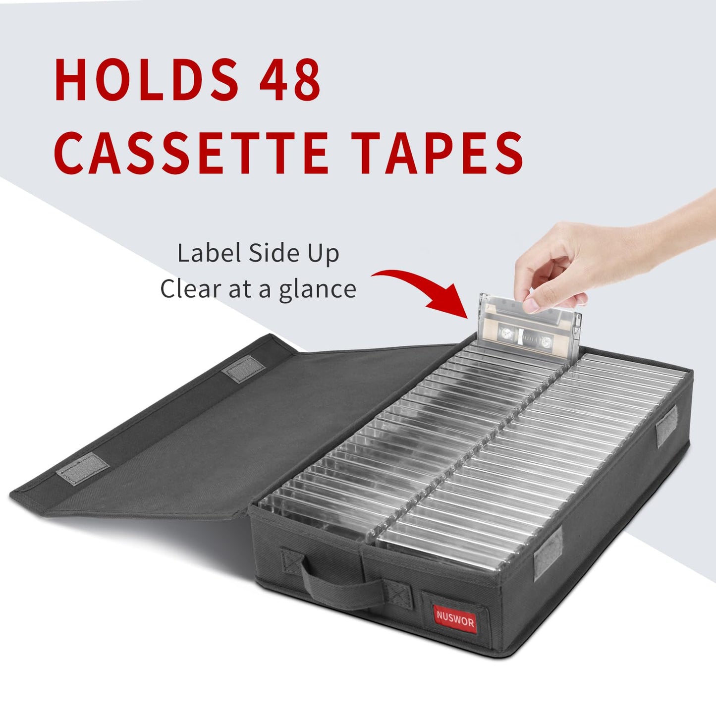 NUSWOR Stackable Cassette Tape Storage Box - Dust-proof Cassette Racks with Lid - Audio Cassette Holder Pack of 4- Holds 192 Cassette Cases - 16.34 x 9.25 x 3.4 Inches – Grey