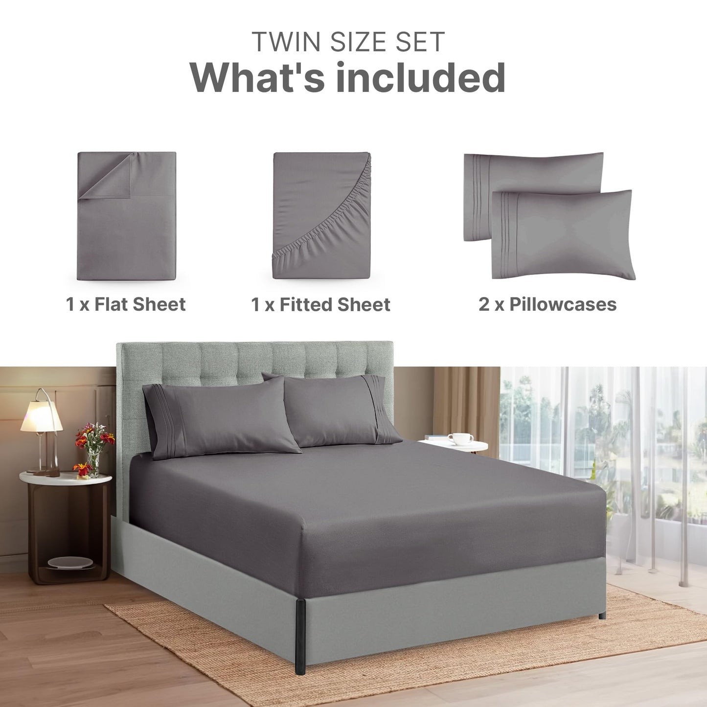 Extra Deep Twin XL Sheet Set - 4 Piece Breathable & Cooling Sheets - Hotel Luxury Bed Sheets Set - Easy & Secure Fit - Soft, Wrinkle Free & Comfy Sheets Set - Grey Sheet Set w/Extra Deep Pockets