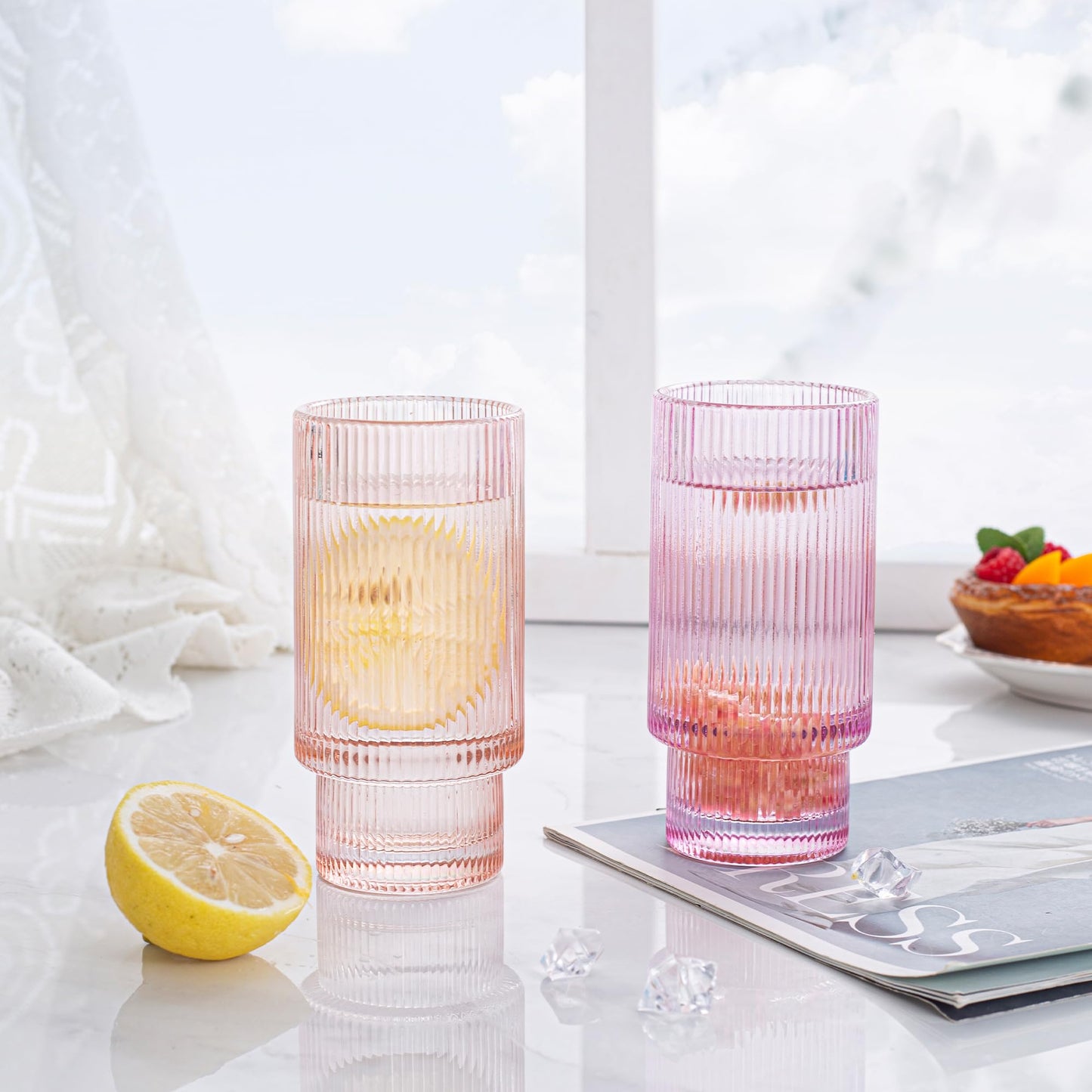 Dingerjar Stackable Ribbed Glass Cup Set of 6 12oz, Colored Iced Tea Glasses for Water, Beverage, Juice, Wine, Beer, and Cocktails