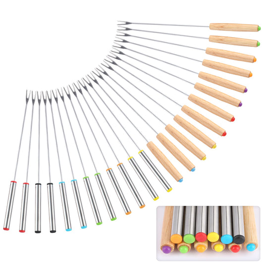 24 Pack 9.6 Inch Stainless Steel Fondue Forks, 12 Wood Handles and 12 Stainless Steel Handles, Heat Resistant Smores Sticks for Roast Meat Chocolate Dessert Cheese Marshmallows (6 Colors)