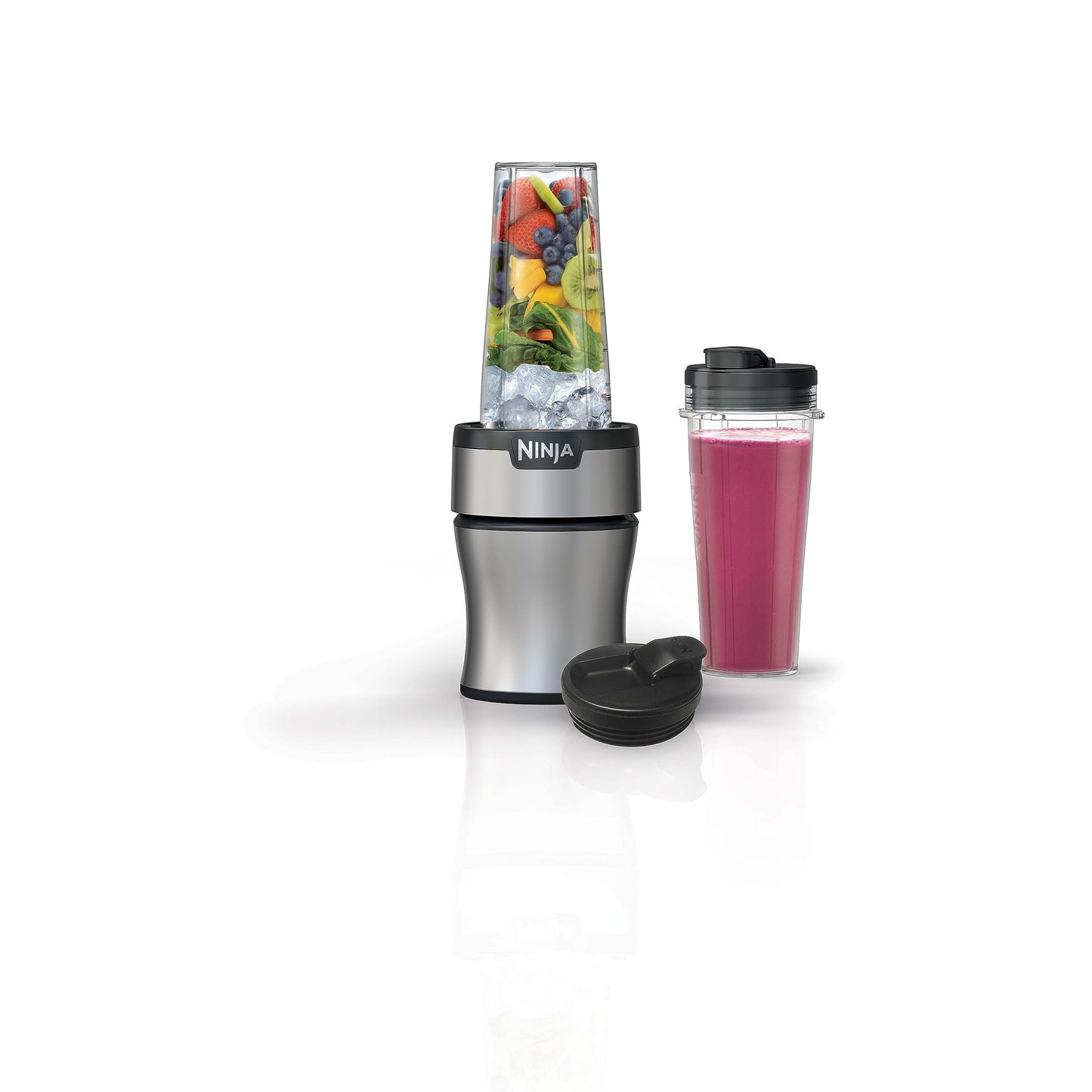 Ninja BN301 Nutri-Blender Plus Compact Personal Blender, 900-Peak-Watt Motor, Frozen Drinks, Smoothies, Sauces & More, (3) 20 oz. To-Go Cups, (2) Spout-Lids (1) Storage-Lid, Dishwasher Safe, Silver