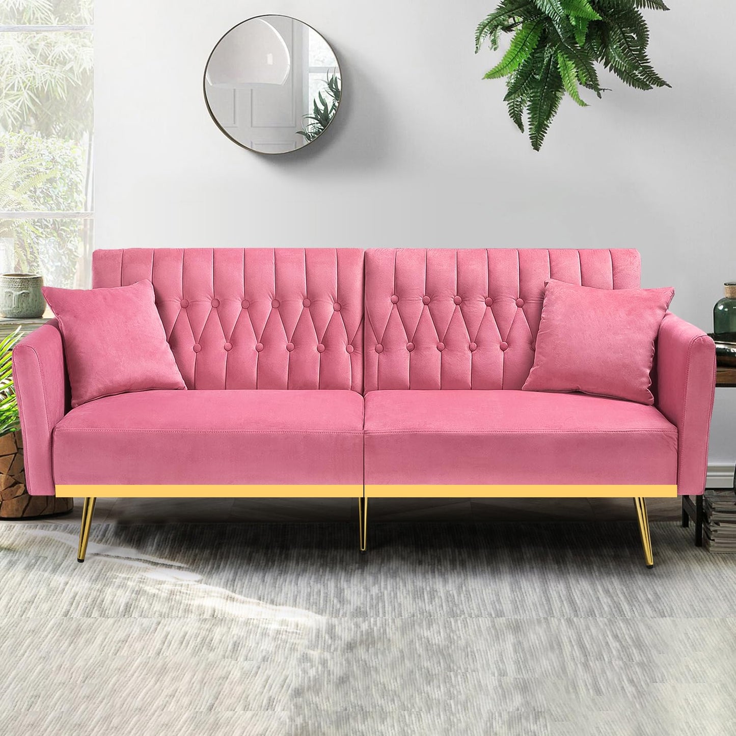 ACMEASE 70” Velvet Futon Sofa Bed with 2 Pillows and Adjustable Armrests, Convertible Sleeper Bed, Modern Loveseat for Living Room, Bedroom, Pink