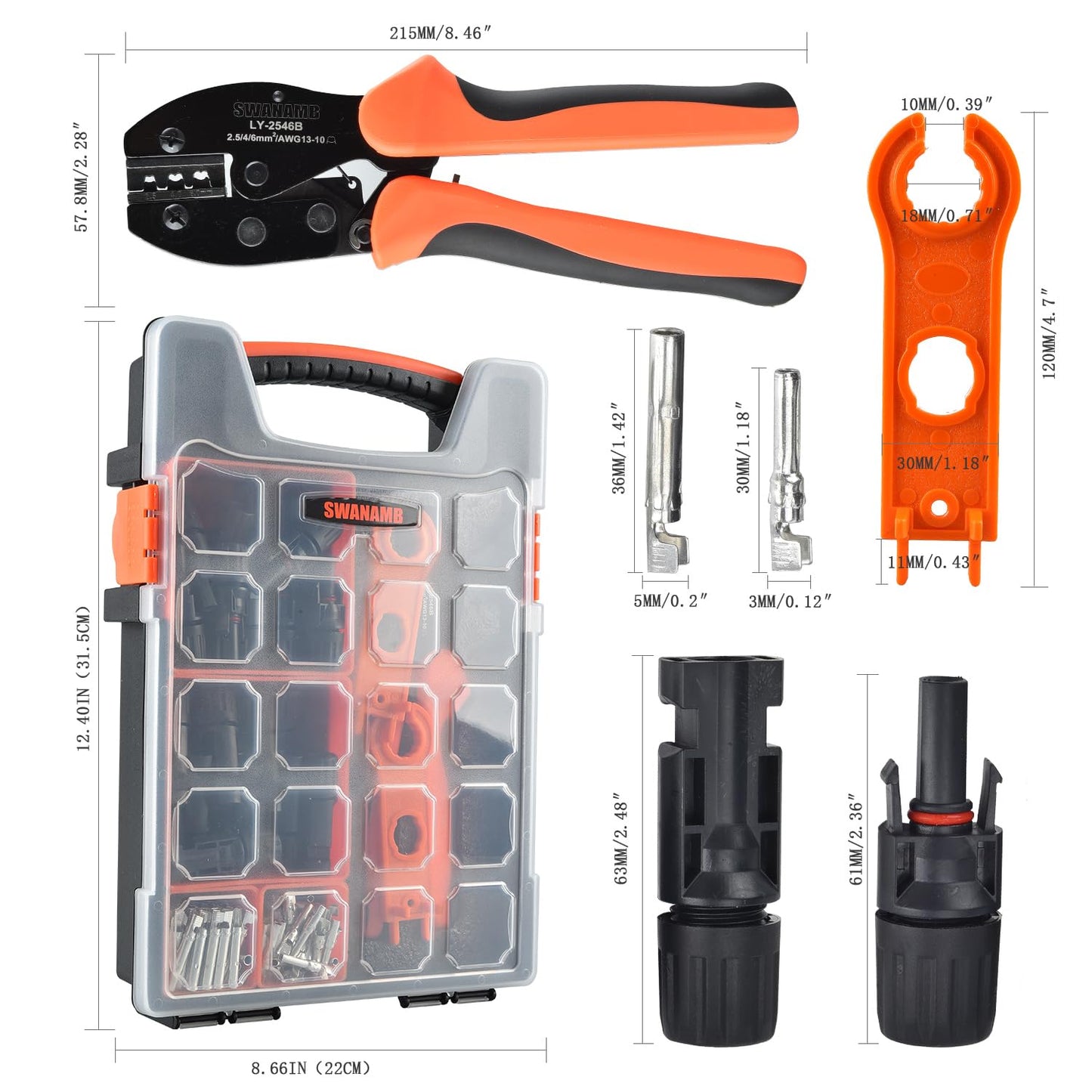 SWANAMB Solar Panel Connector Crimping Tool Kit with 1 Solar Crimper, 15 Pairs of Solar Connectors and 1 Pair of Connector Spanner Wrench - Essential Tools for Solar Installation Assembly