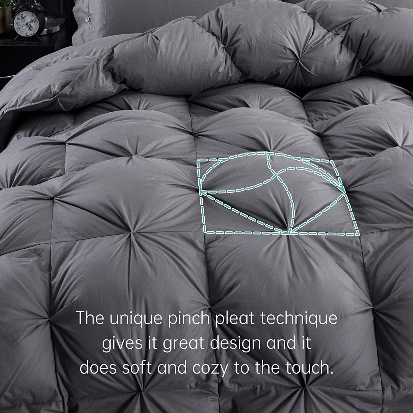 Three Geese Pinch Pleat Feathers Down Comforter King Size Duvet Insert,750+ Fill Power,1200TC 100% Cotton Fabric,All Seasons Premium Grey Down Comforter with 8 Tabs