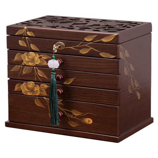 Xloverise Hand-drawn rose Jewelry Box Wood for Wowen,5-Layer Wooden Jewelry Organizer Boxes with 4 Drawers dresser, Vintage Multi-functional Jewelry Storage Case with lock