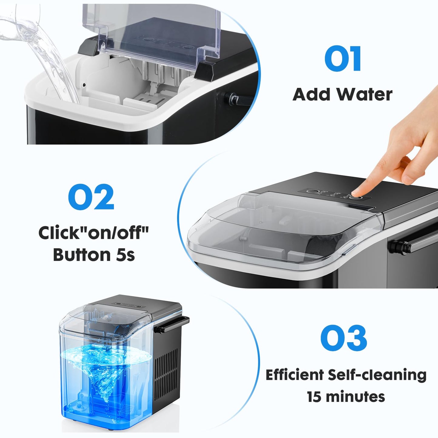 ZUNMOS Countertop Ice Maker, 9 Cubes in Only 6 Minutes, 26.5lbs Per Day, Portable Ice Machine Self-Cleaning, with Scoop Basket and Convenient Handle, for Home Kitchen Party and Office, Black