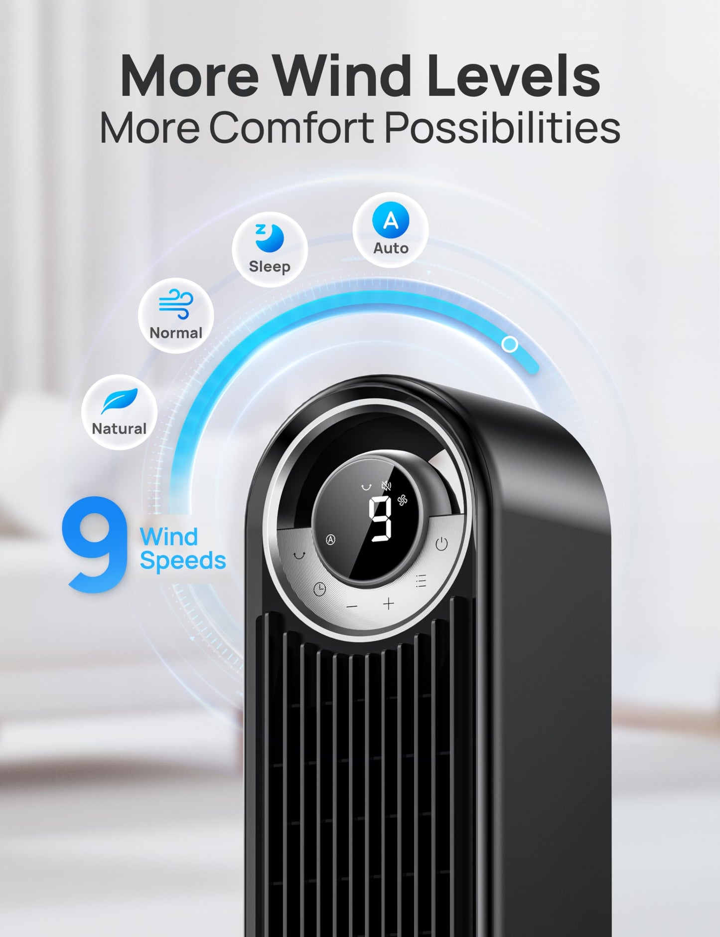 Dreo Tower Fan for Bedroom, Upgrated DC 9 Speeds Utral-Quiet Floor Fan, 90° Oscillating Fans for Indoors with 26ft/s Velocity, 12H Timer, Standing Fans, Bladeless Fan Powerful for Home Office Room