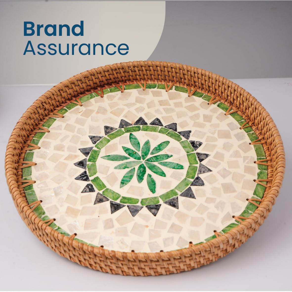 AN68 11.8 inches Round Rattan Serving Tray with Mother of Pearl Inlay, Home Decorative Wicker Basket for Table Decor, Kitchen, Bathroom and Display of Coffee, Bread, Food & Fruit (Sun)