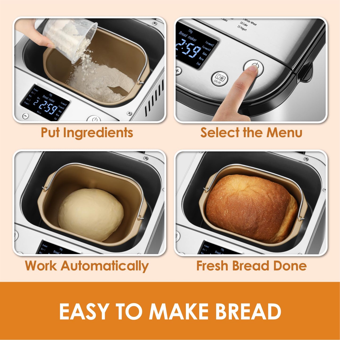 Kitchen in the box Bread Maker Machine with Gluten-Free Setting, 2LB 1.5LB 1LB Automatic Breadmaker with Homemade Cycle, 15-in-1 Stainless Steel Bread Maker with Recipes-Silver