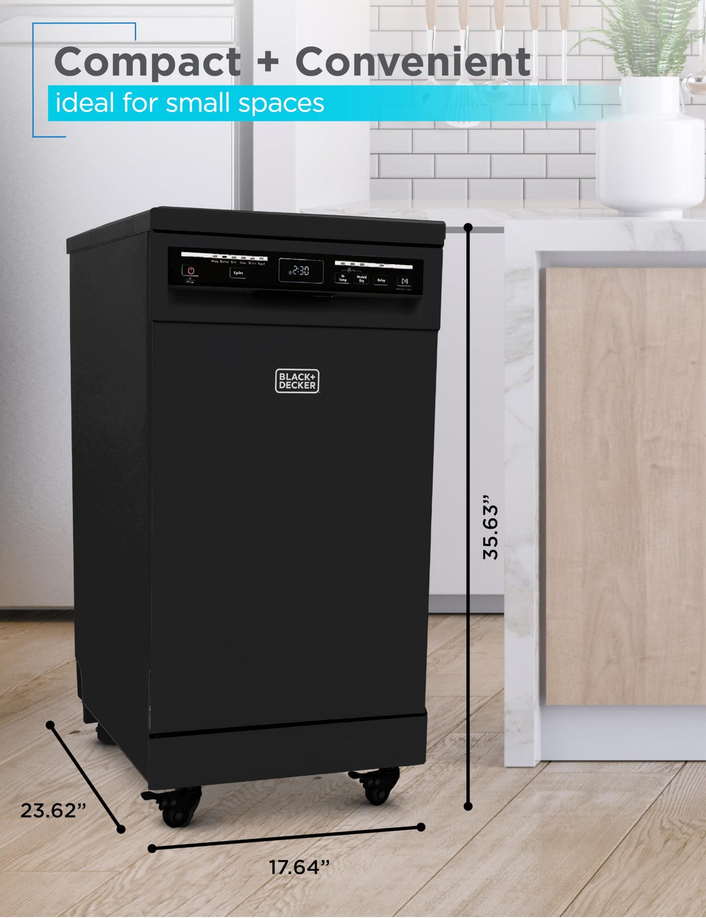 PORTABLE DISHWASHER ON WHEELS 18” WITH WORKTOP SPACE 8 PLACE-SETTING CAPACITY STAINLESS STEEL WITH FAUCET CONNECT BLACK+DECKER