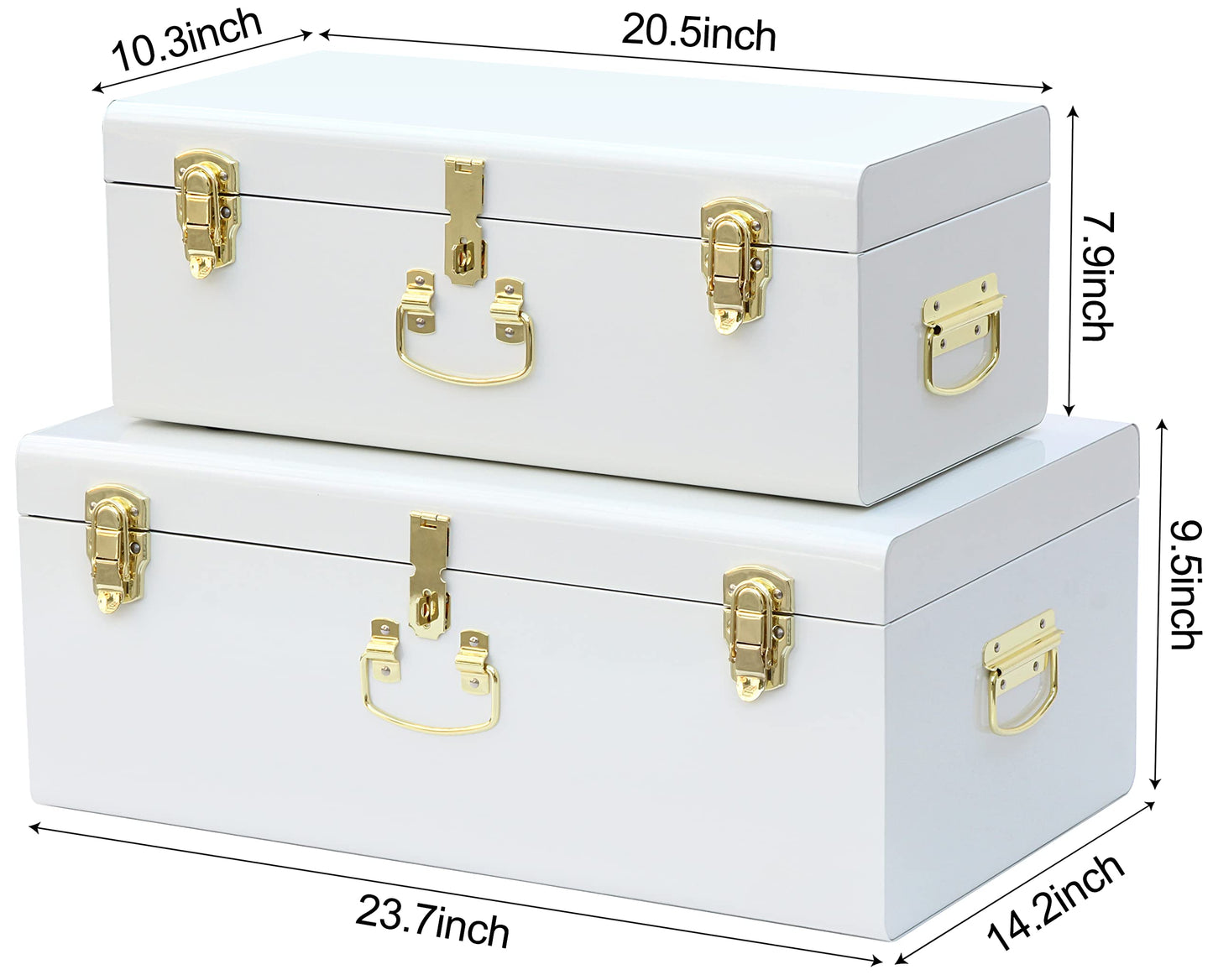 Vixdonos Decorative Metal Box Storage Trunks Set of 2 College Dorm Chest with Lock Hole,23.7X14.2X9.5 Inches(White)