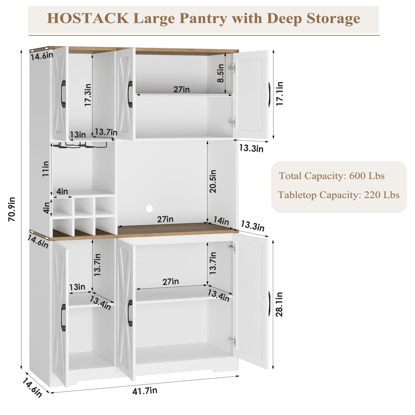 HOSTACK Kitchen Pantry Storage Cabinet, 71" Tall Food Pantry Cabinet with Microwave Stand, Farmhouse Kitchen Hutch Cabinet, Coffee Bar Hutch with Wine Rack for Dining Room, Living Room, White